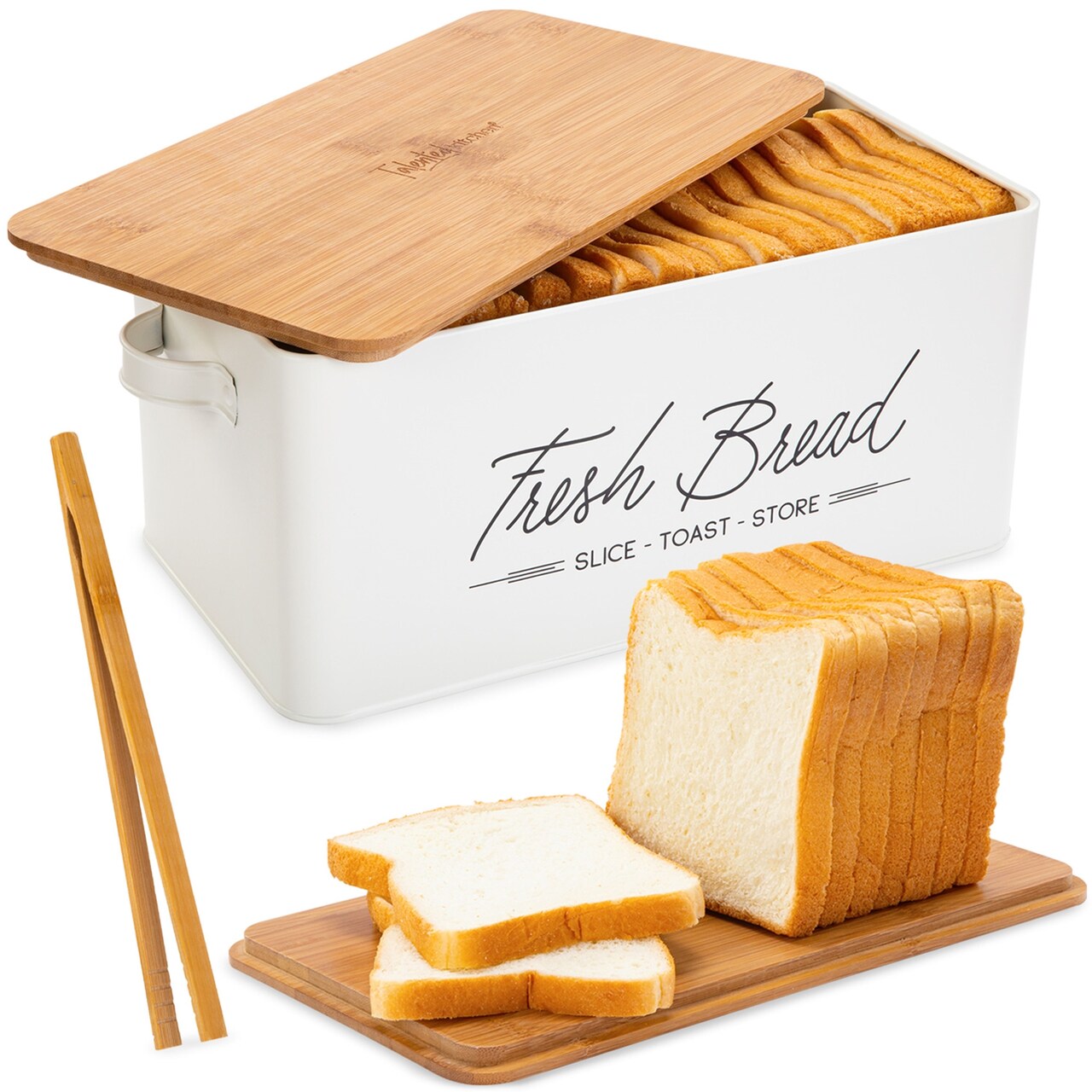 Talented Kitchen Countertop Bread Box - White Metal, Airtight Storage Container with Wood Cutting Board Lid & Side Handles - Wood Tongs Included - Bread Storage Container for Kitchen Organization